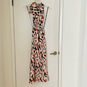 geometric print criss cross/halter midi dress
